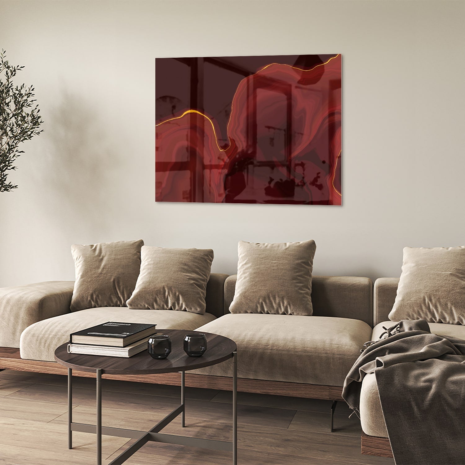 Abstraktes Glasbild mit warmen Rottönen