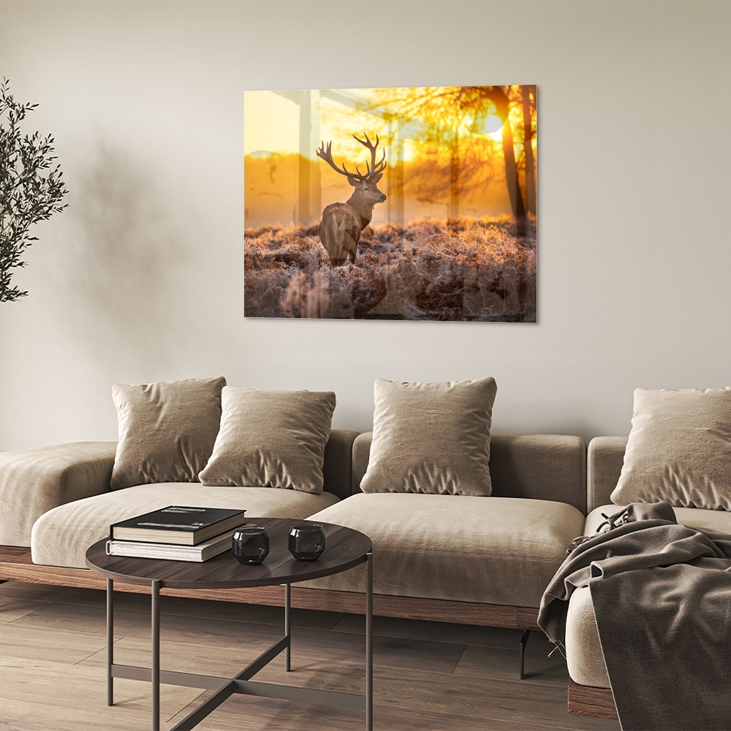 Glasbild mit einem Hirsch in der aufgehenden Sonne