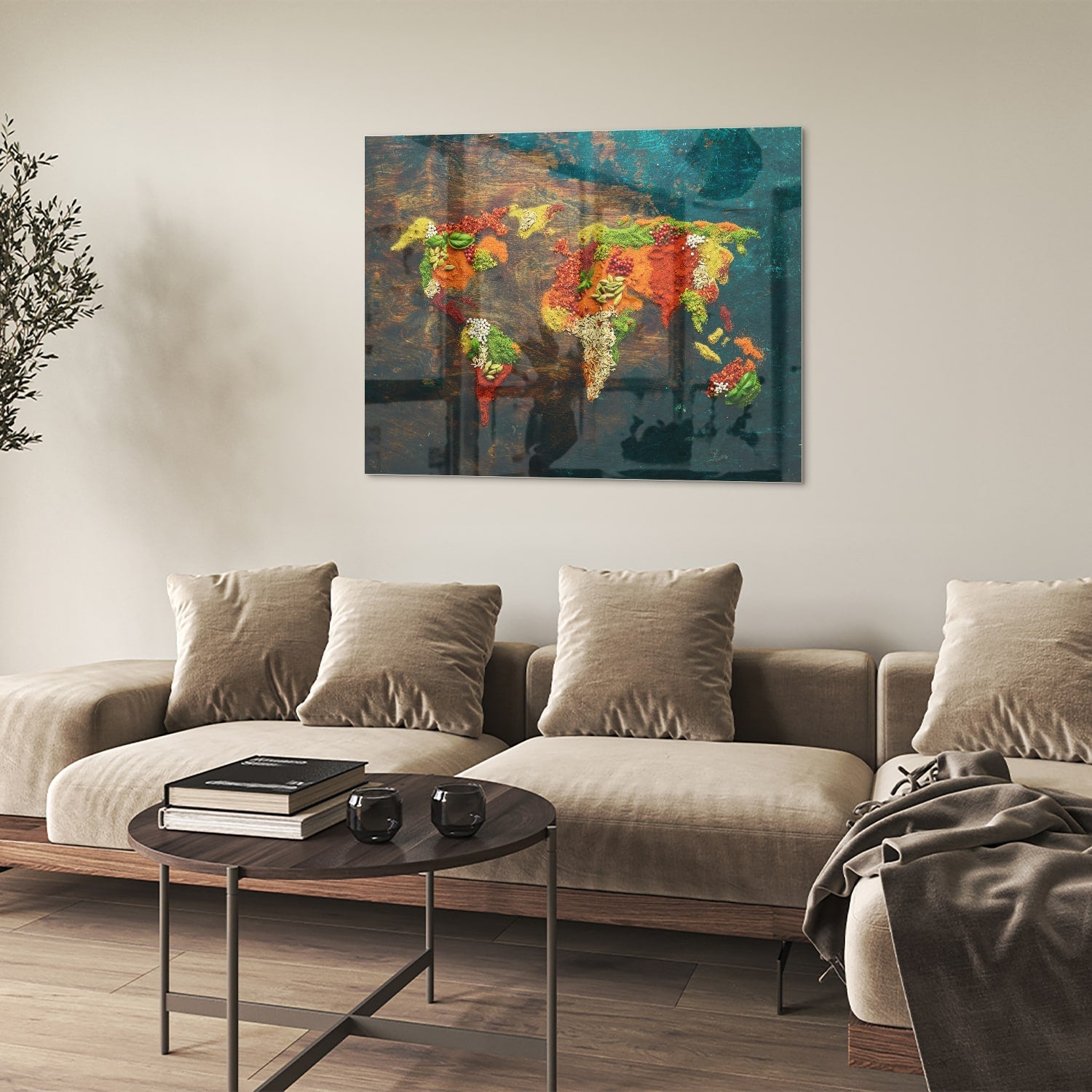 Einzigartiges Glasbild mit moderner Weltkarte