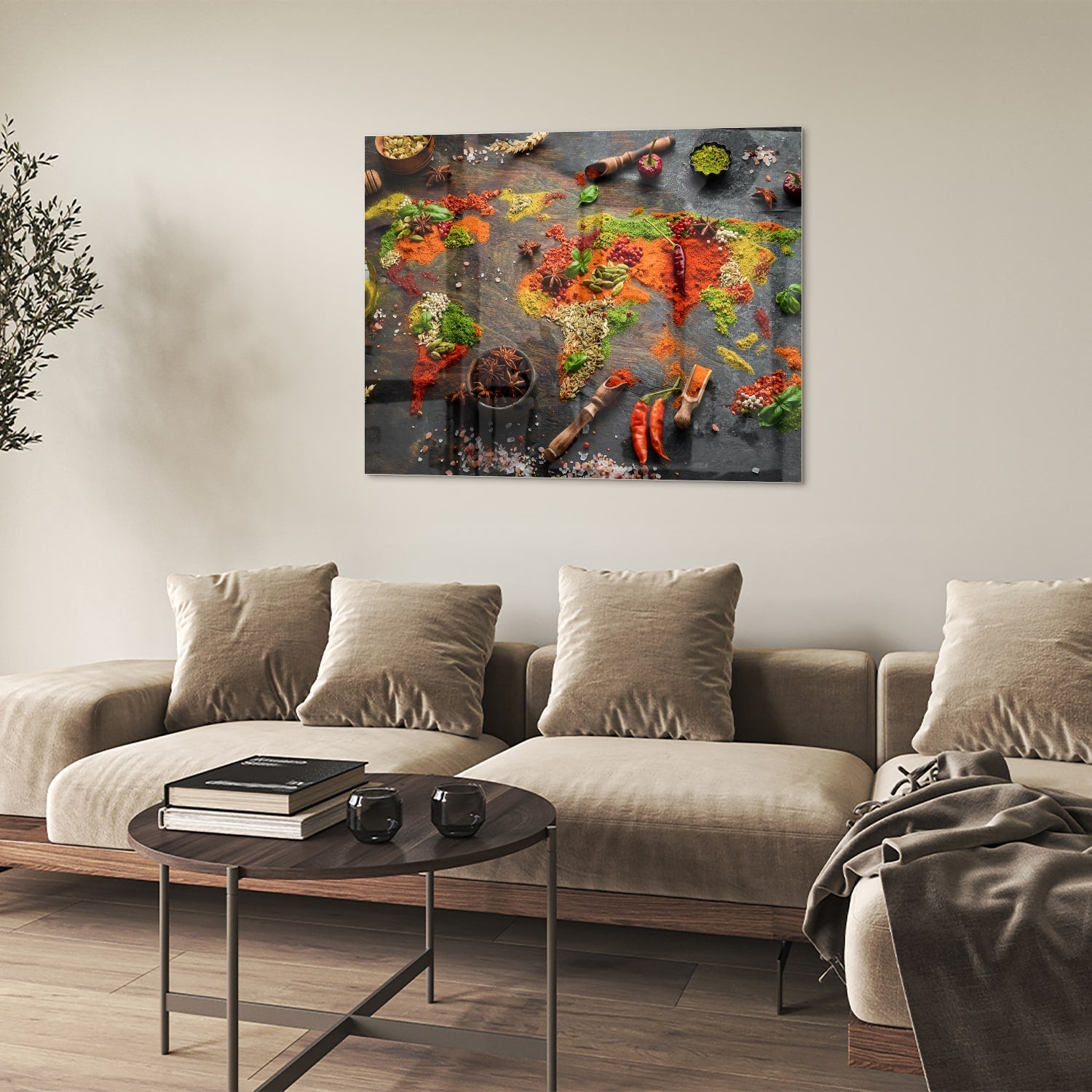 Farbenfrohes Glasbild mit Gewürzen und Gemüse