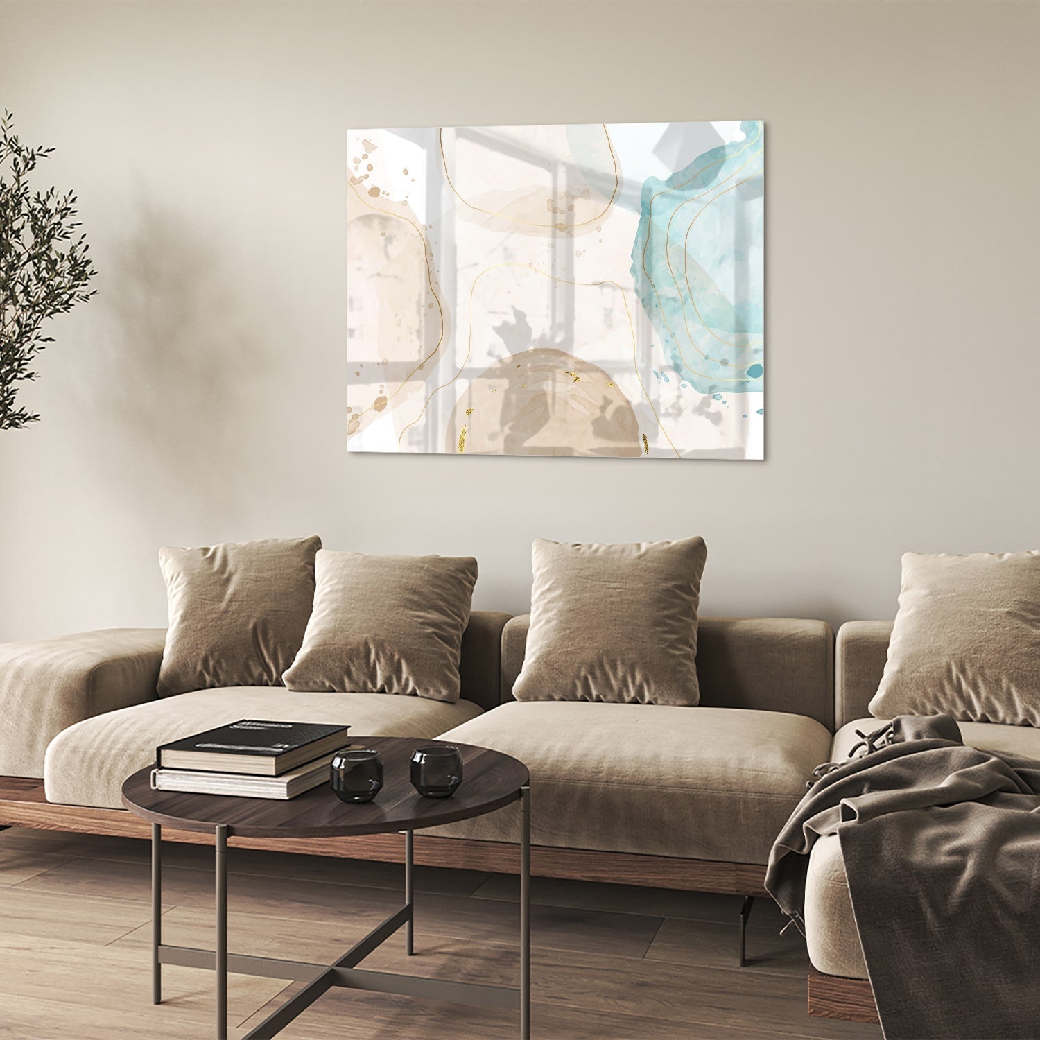 Elegantes Glasbild mit sanftem Aqua und goldenen Farbtönen
