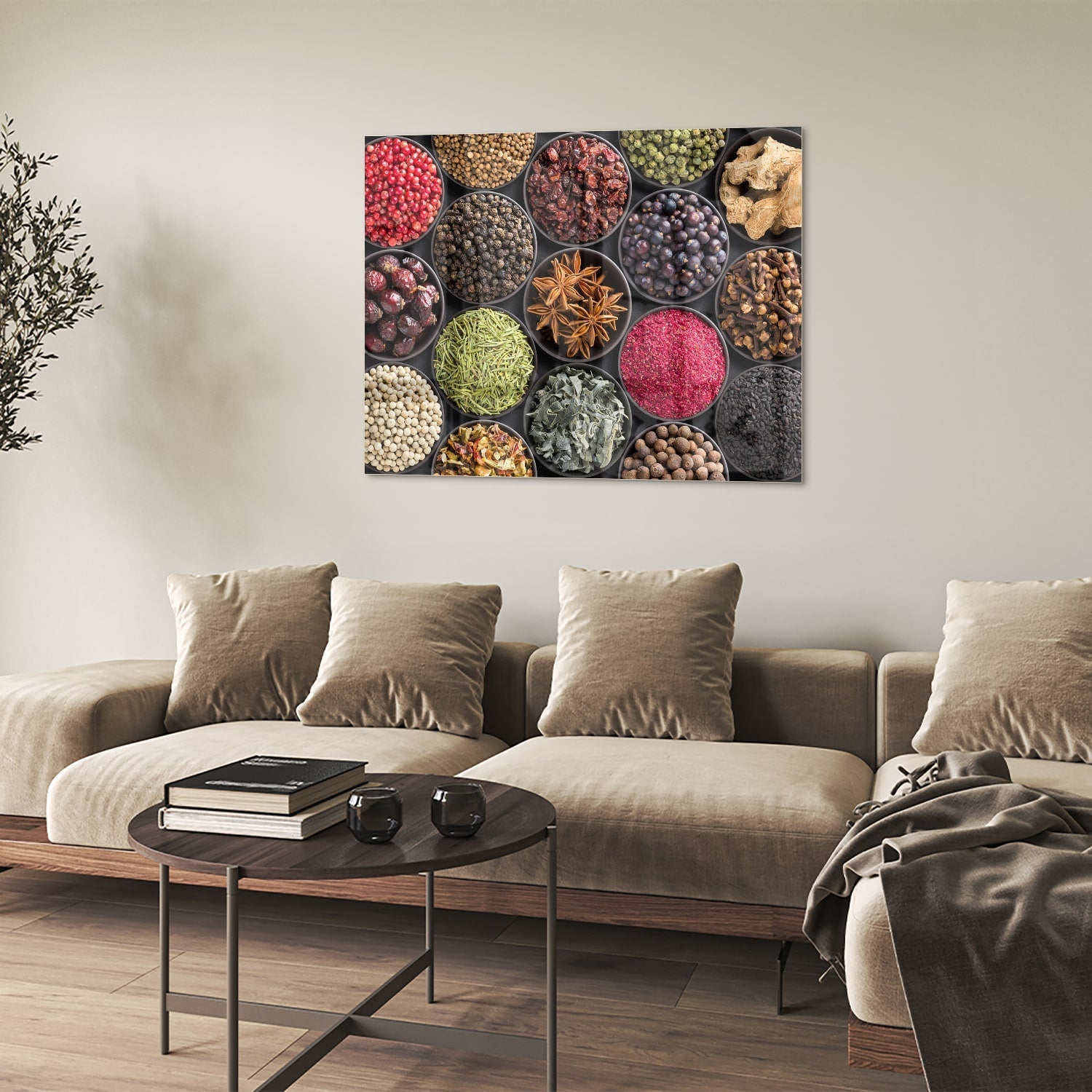 Farbenfrohes Glasbild mit Gewürzen und Kräutern