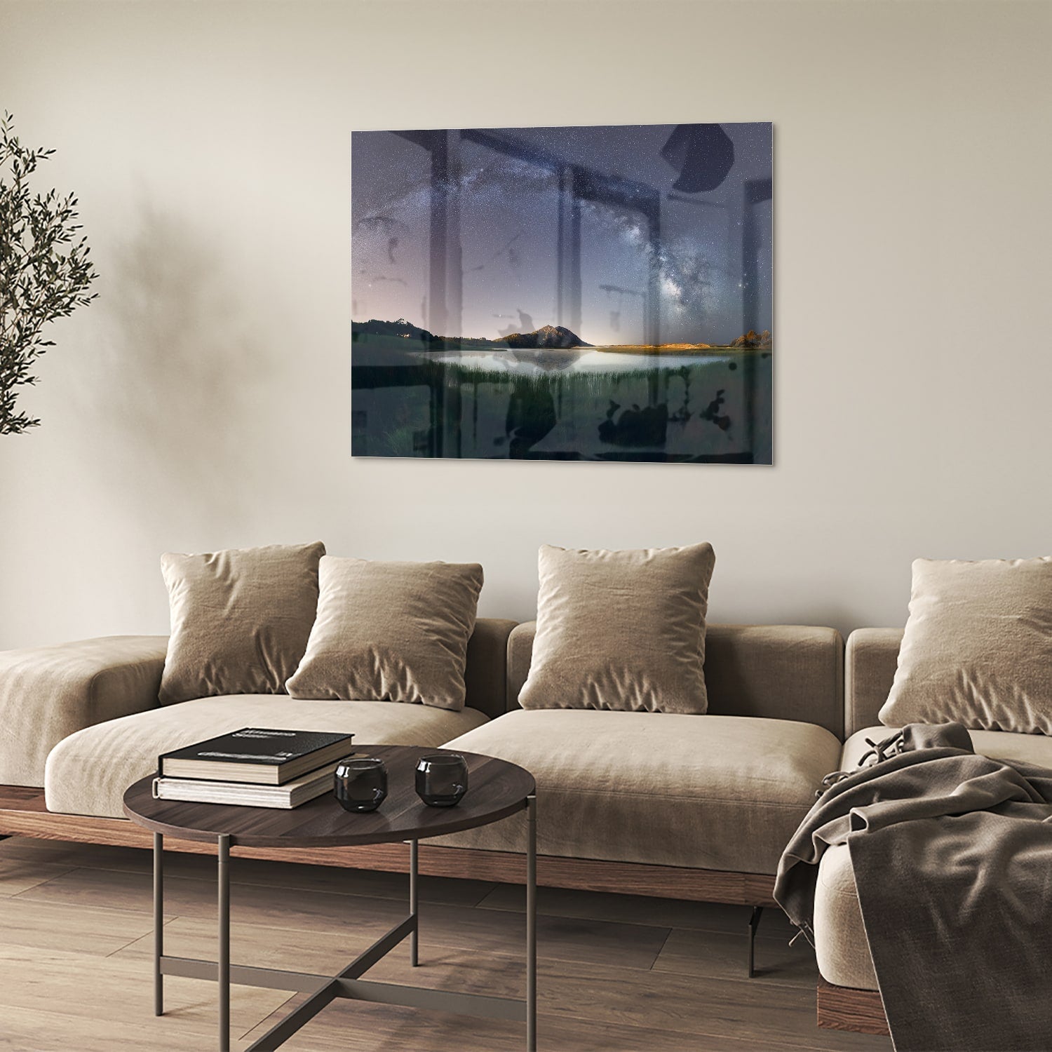 Glasbild: Sternenhimmel und Berge