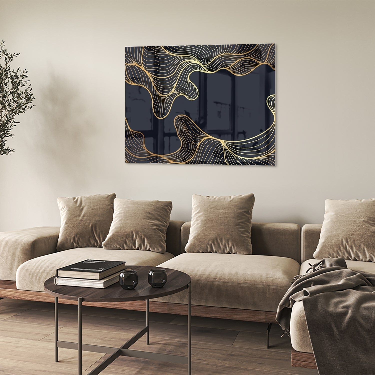 Elegantes Glasbild mit goldenen Linien auf dunkelblauem Hintergrund