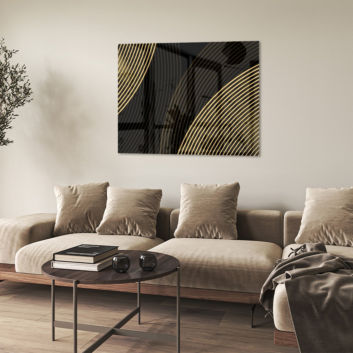 Geradliniges Glasbild mit goldenen Linien