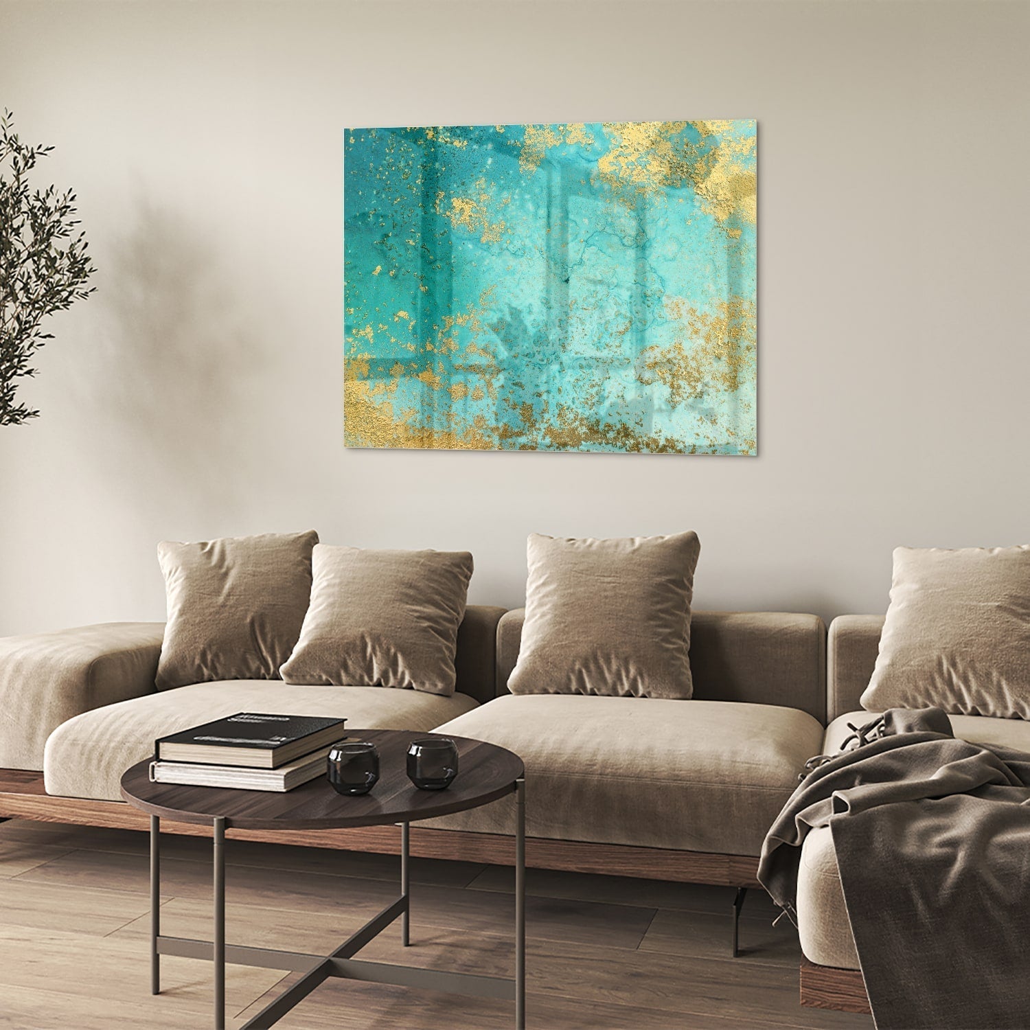 Goldenen Akzenten auf Turquoise Glasbild als moderne Glas-Wanddekoration aus 4 mm Sicherheitsglas