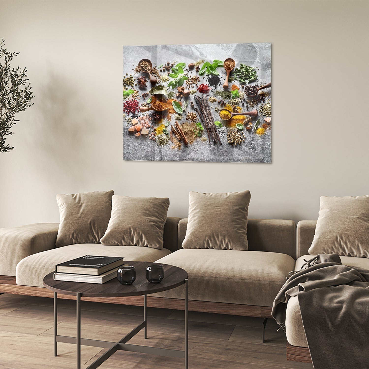 Farbenfrohes Glasbild mit Kräutern und Gewürzen