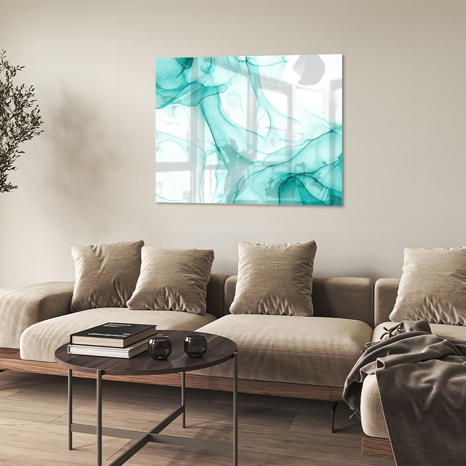 Hellblaues abstraktes Glasbild für elegante Innenräume