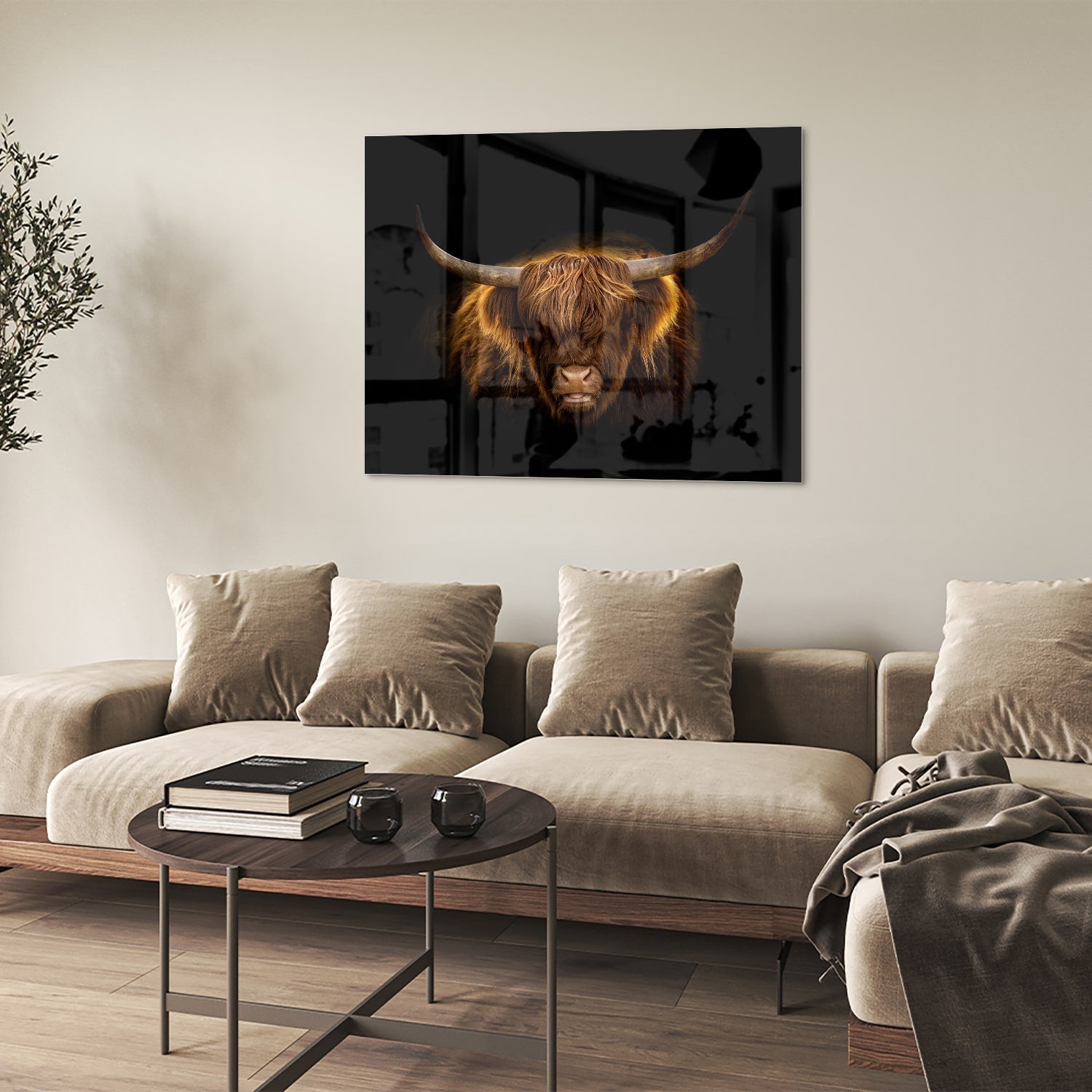 Beeindruckendes Glasbild mit Highland-Rind