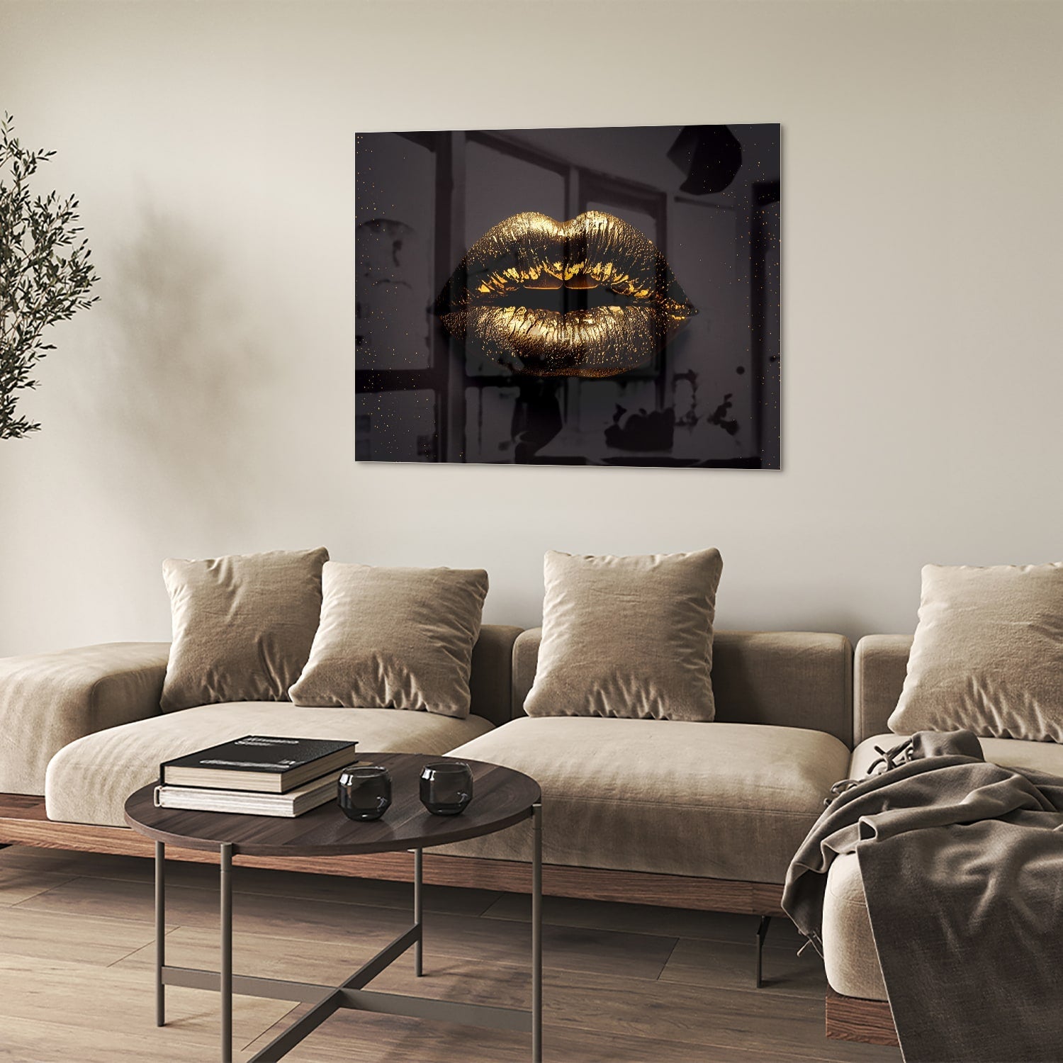 Glasbild mit goldenen Lippen für ein luxuriöses Interieur