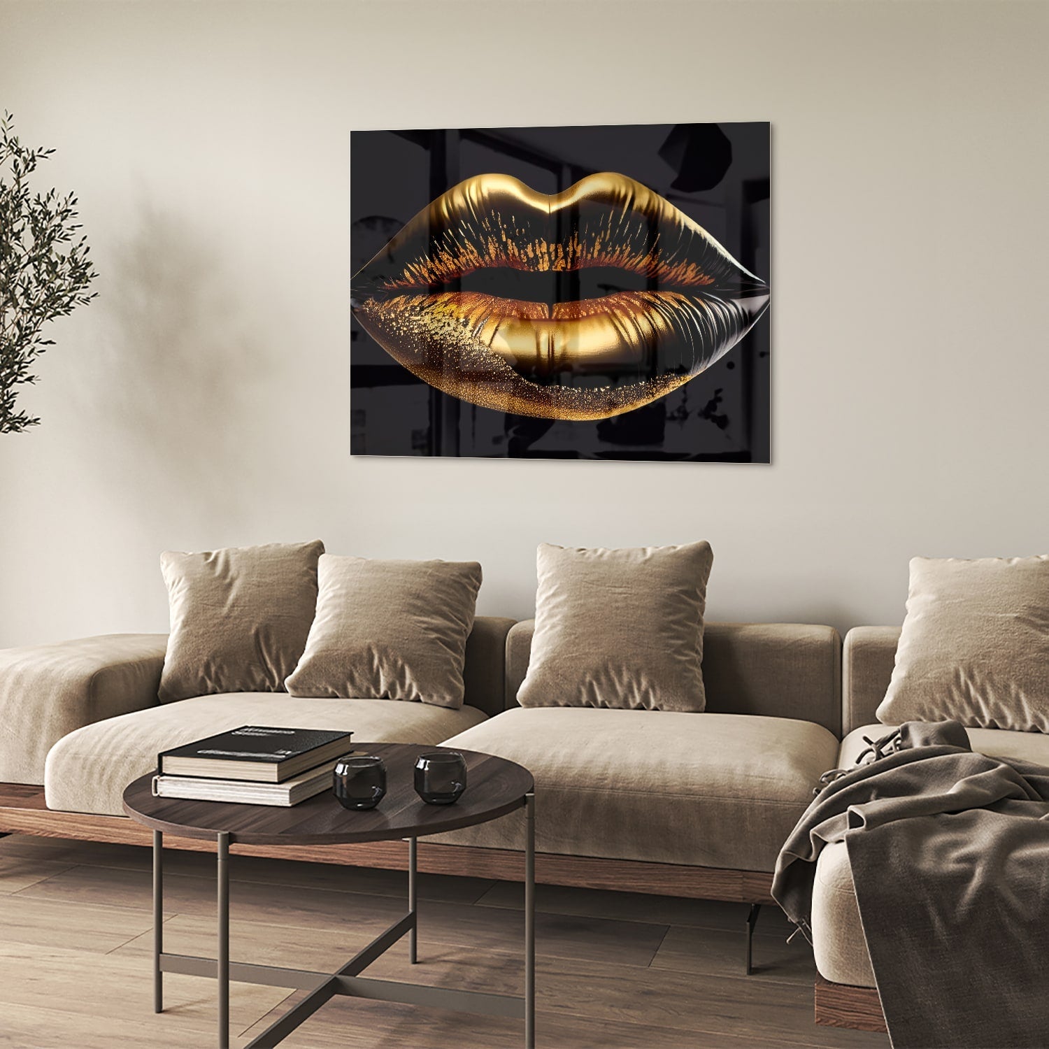 Glasbild mit goldenen Lippen – elegante Wanddekoration
