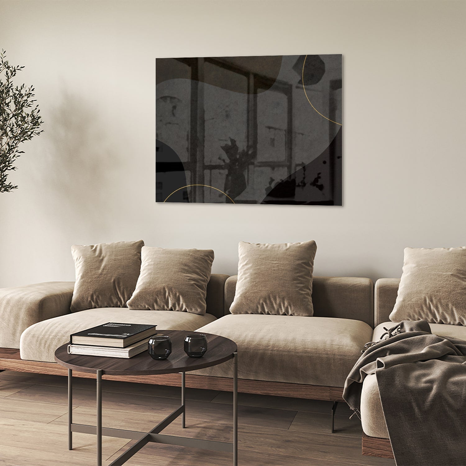 Modernes Glasbild mit abstrakten Formen in Schwarz