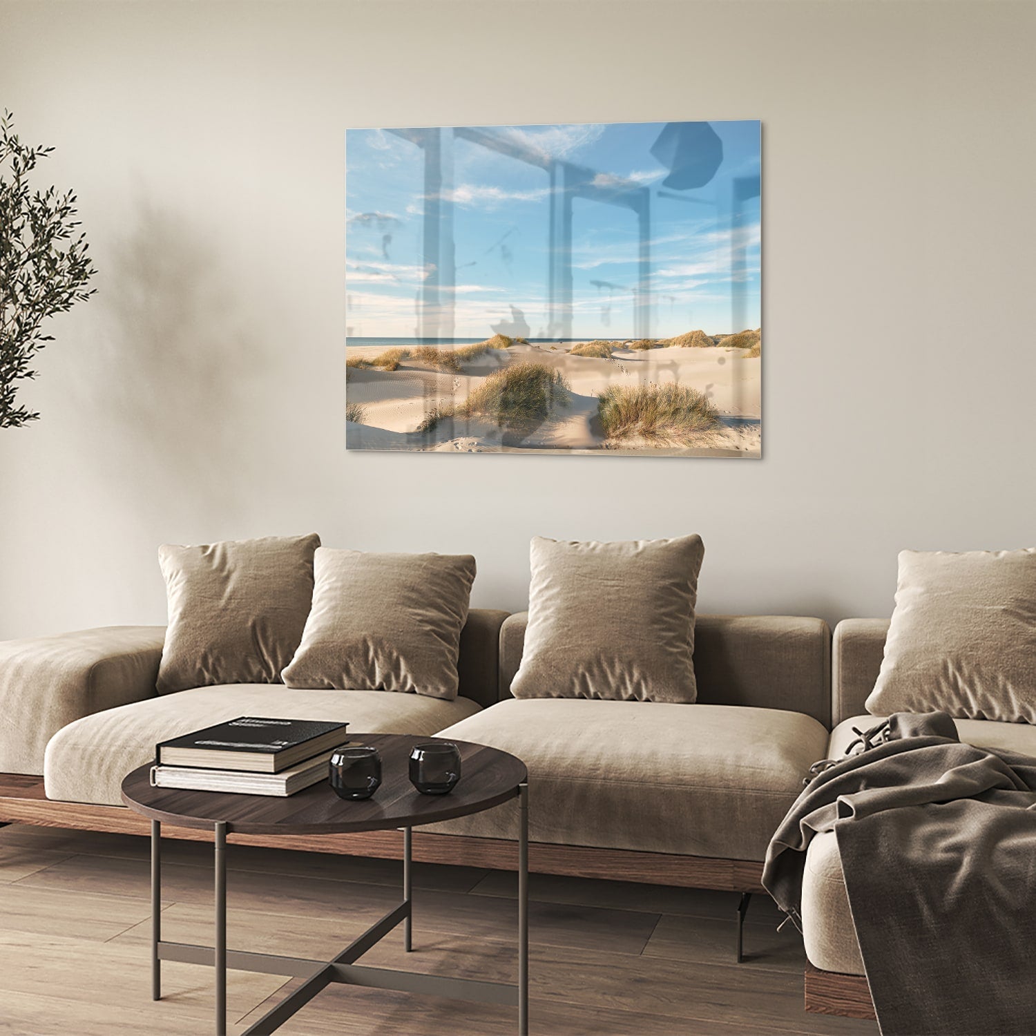 Glasbild mit Dünen und blauem Himmel