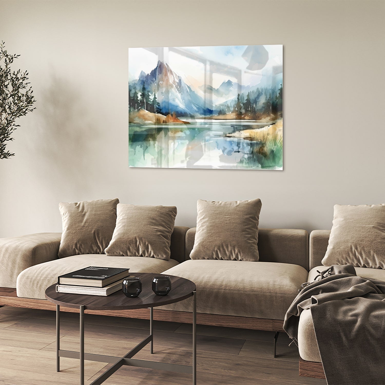 Glasbild mit Bergen und See im Aquarellstil