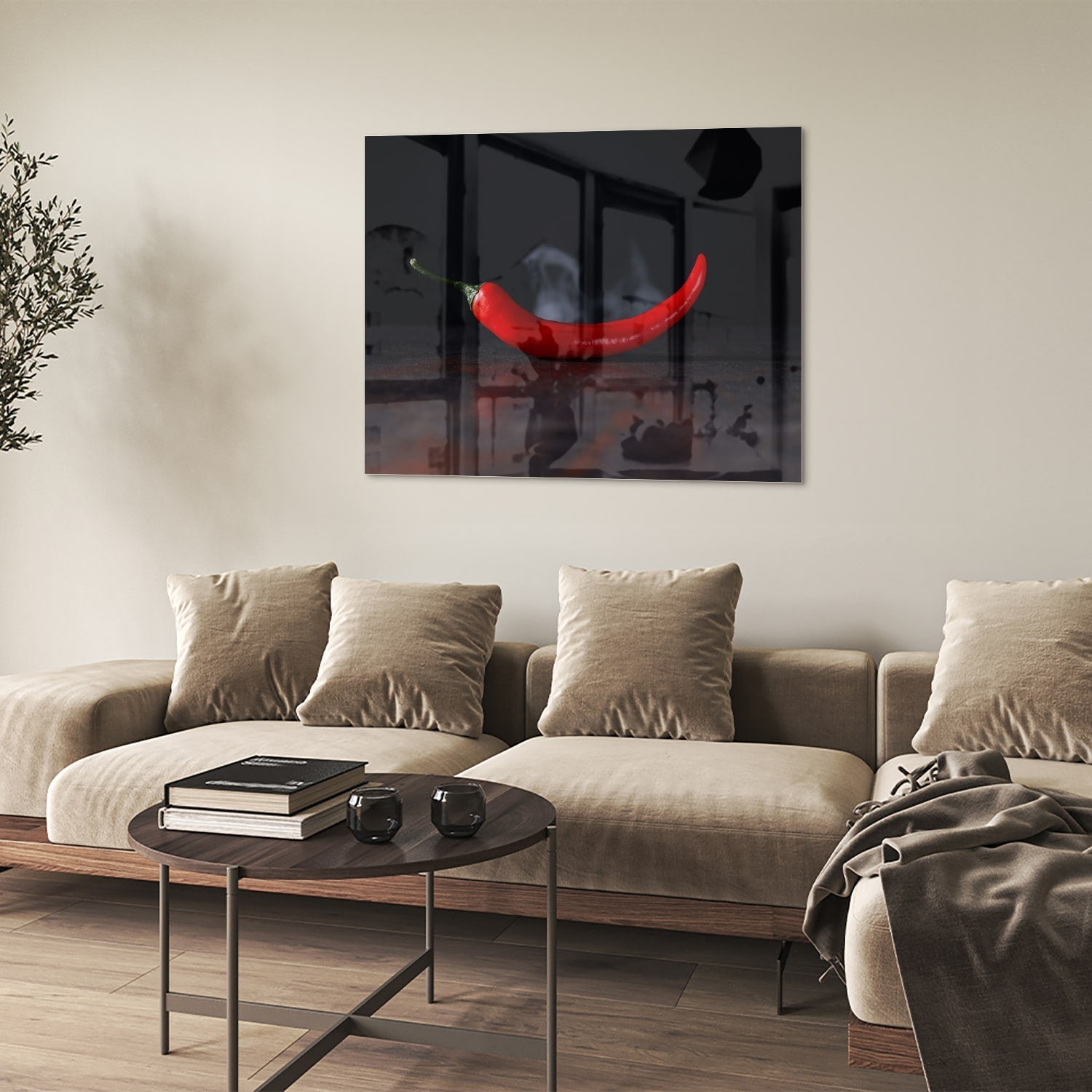 Glasbild – Tiefrote Paprika auf schwarzem Hintergrund
