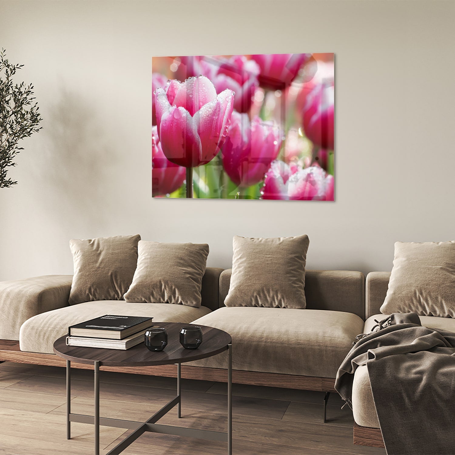 Glasbild mit bezaubernden rosa Tulpen