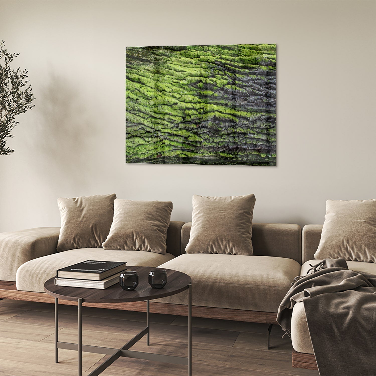 Glasbild mit moosartiger Textur