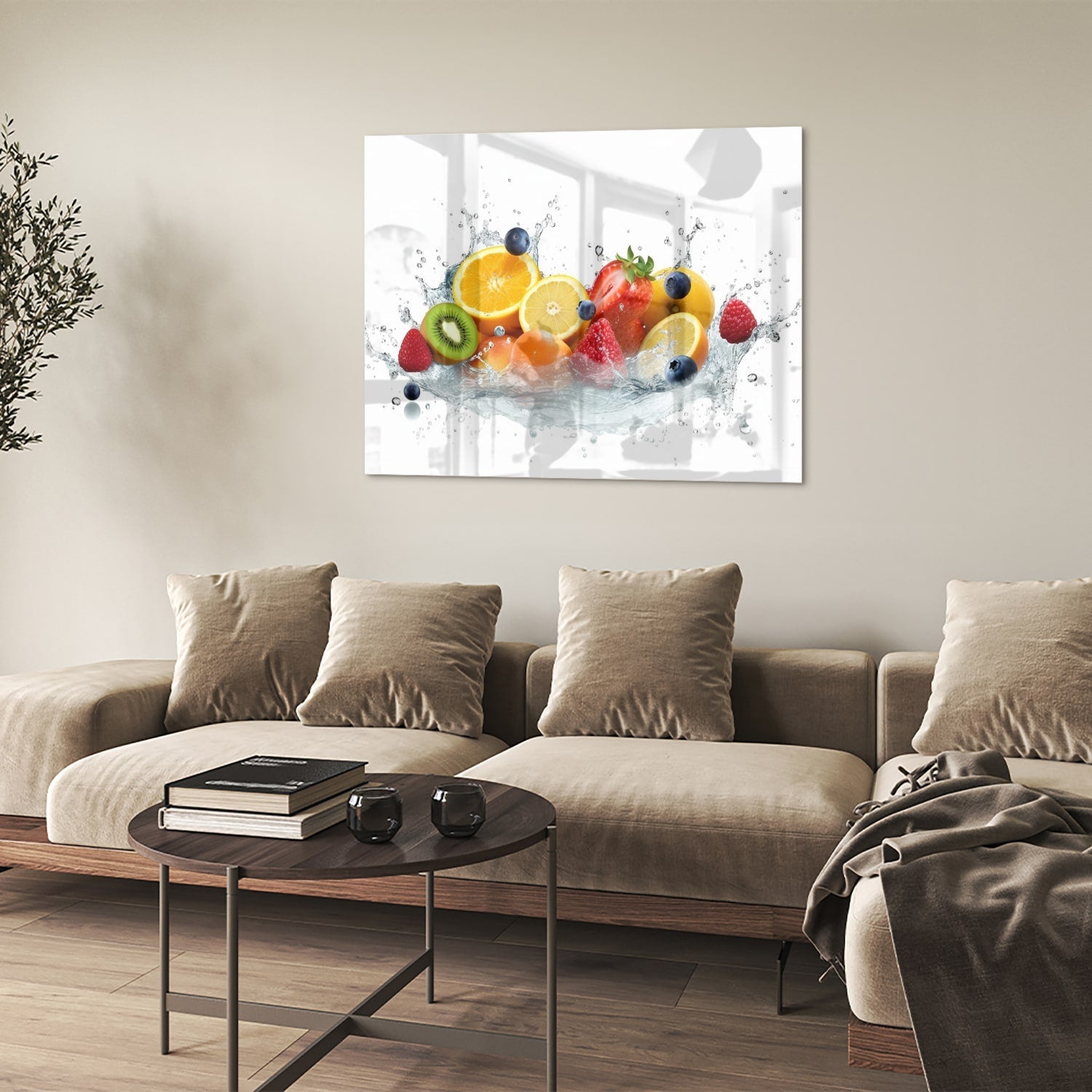 Stimmungsvolles Glasbild mit farbenfroher Fruchtkomposition