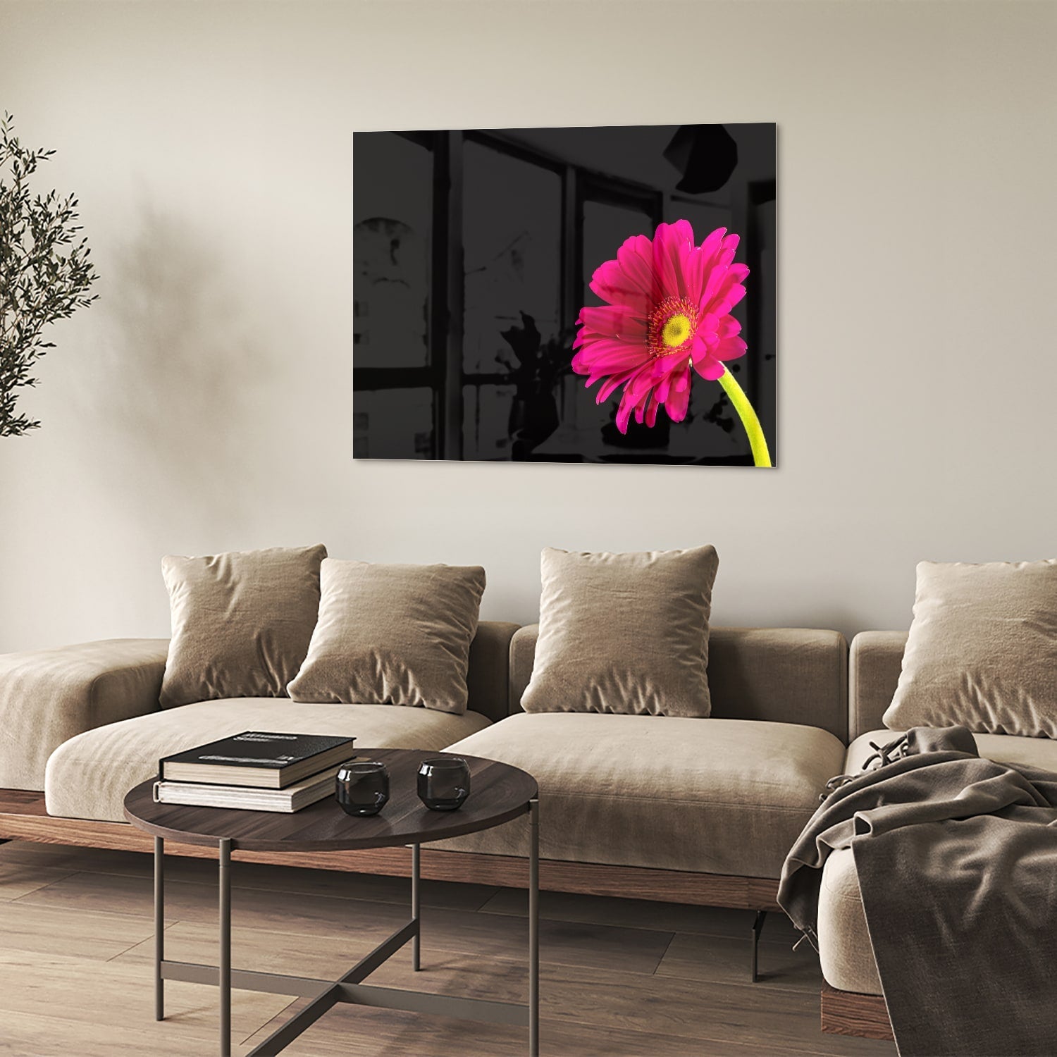 Glasbild – Wunderschöne rosa Gerbera auf schwarzem Hintergrund