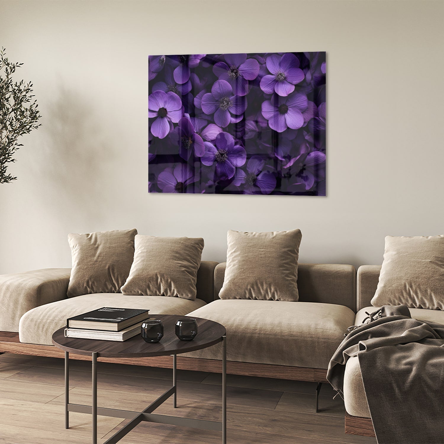 Glasbild mit violetten Blumen für Ihr Interieur