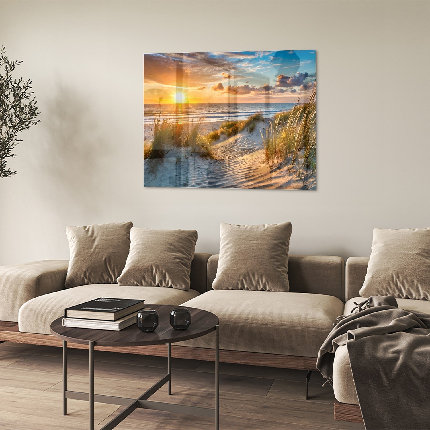 Glasbild – Sonnenuntergang am Strand