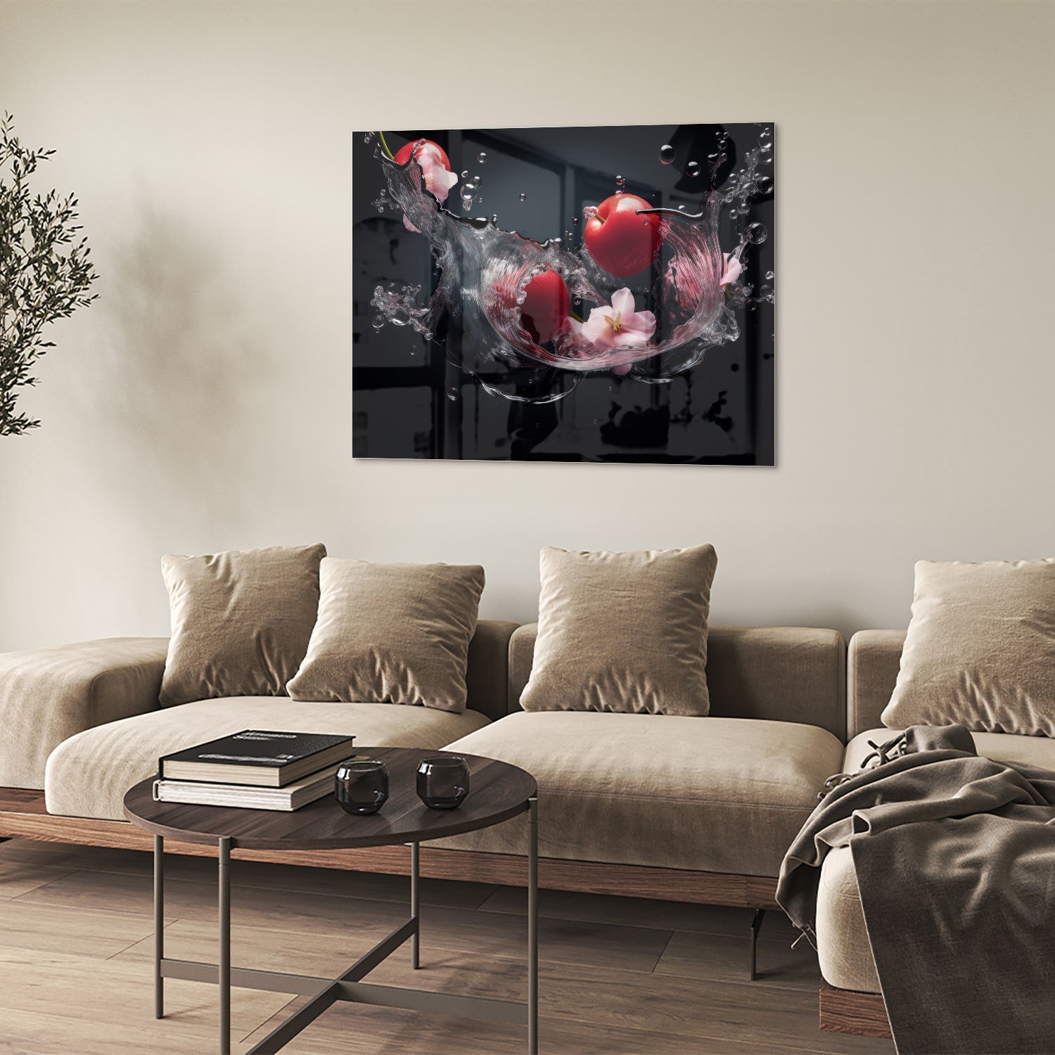Glasbild mit rosa Blumen und Wassertropfen