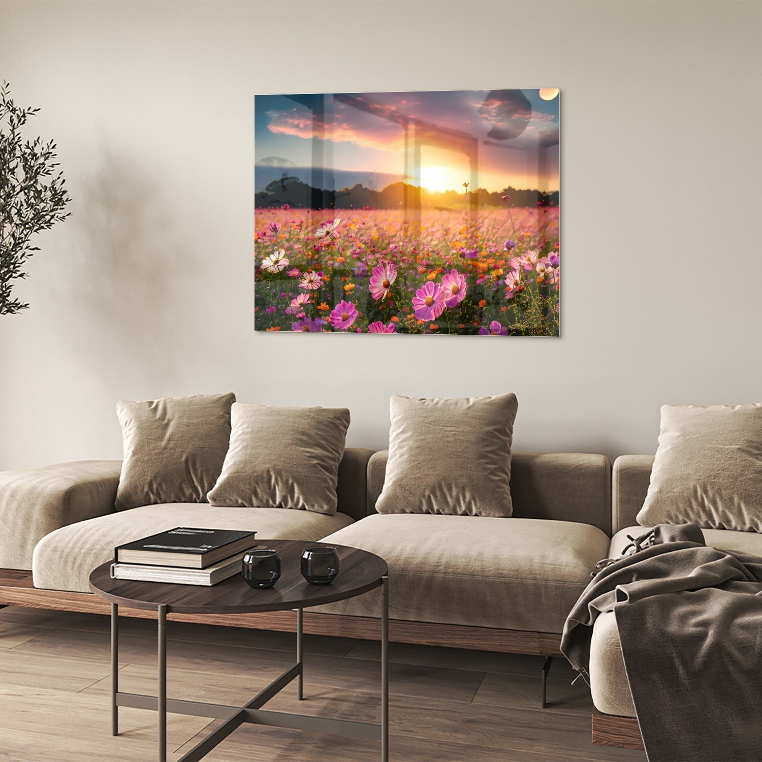 Glasbild – Sonnenuntergang über Blumenfeld