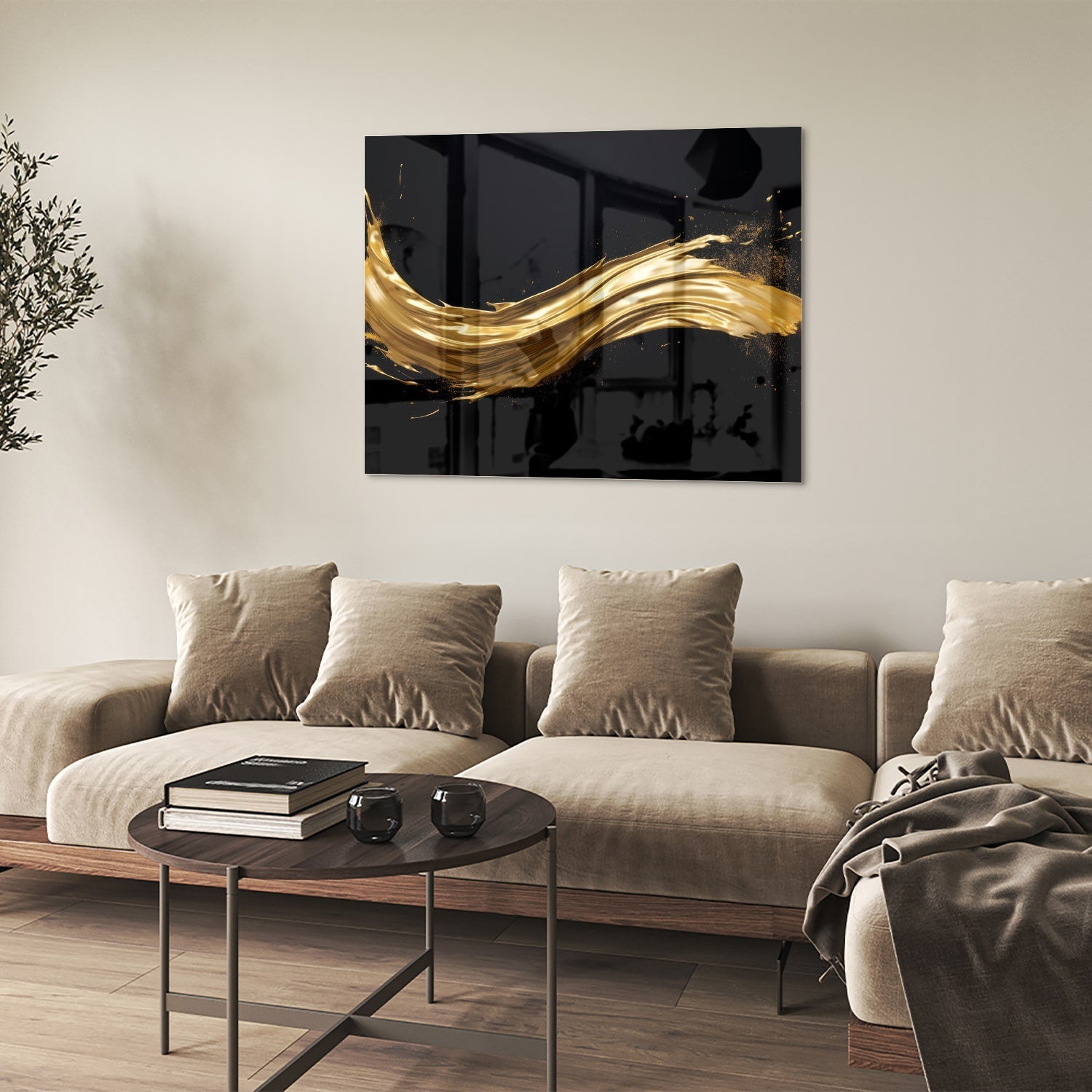 Glasbild mit goldenem Glanz auf schwarzem Hintergrund