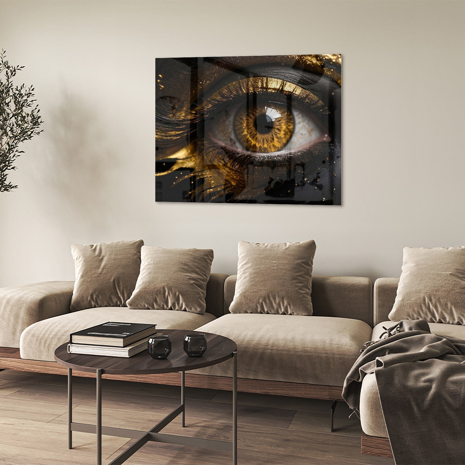 Glasbild Augen-Kunstwerk in Gold und Schwarz