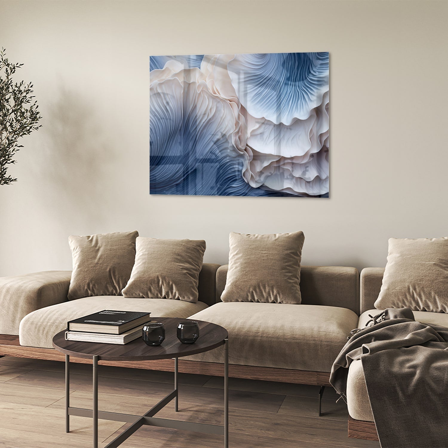 Elegantes Glasbild mit blauen und weißen Mustern