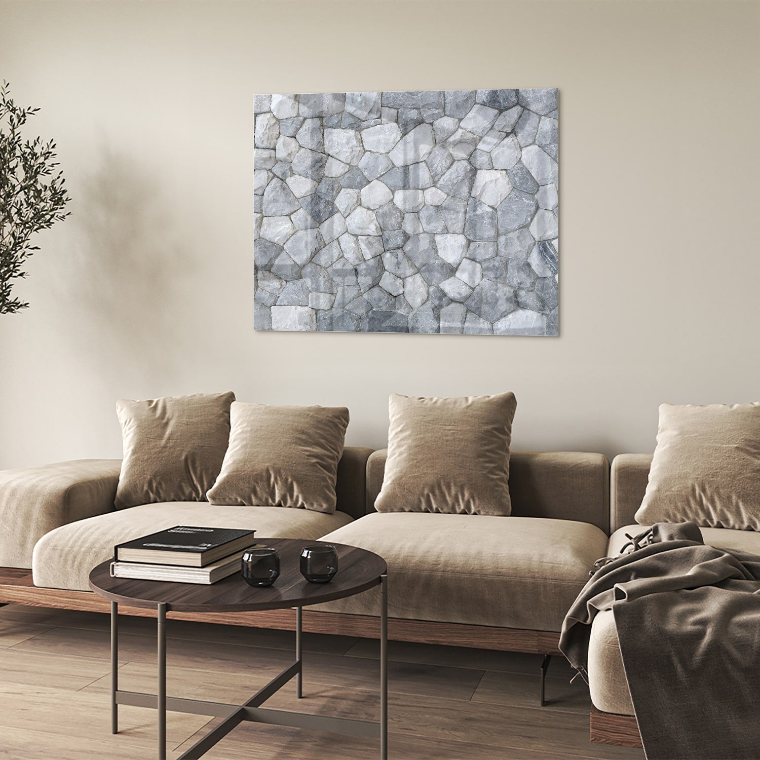 Elegantes Glasbild mit grauen Steinen