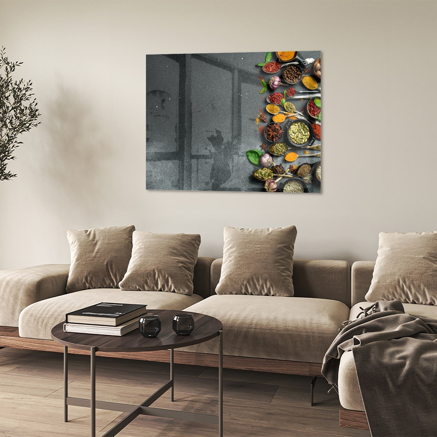 Farbenfrohes Glasbild mit Kräutern und Gewürzen