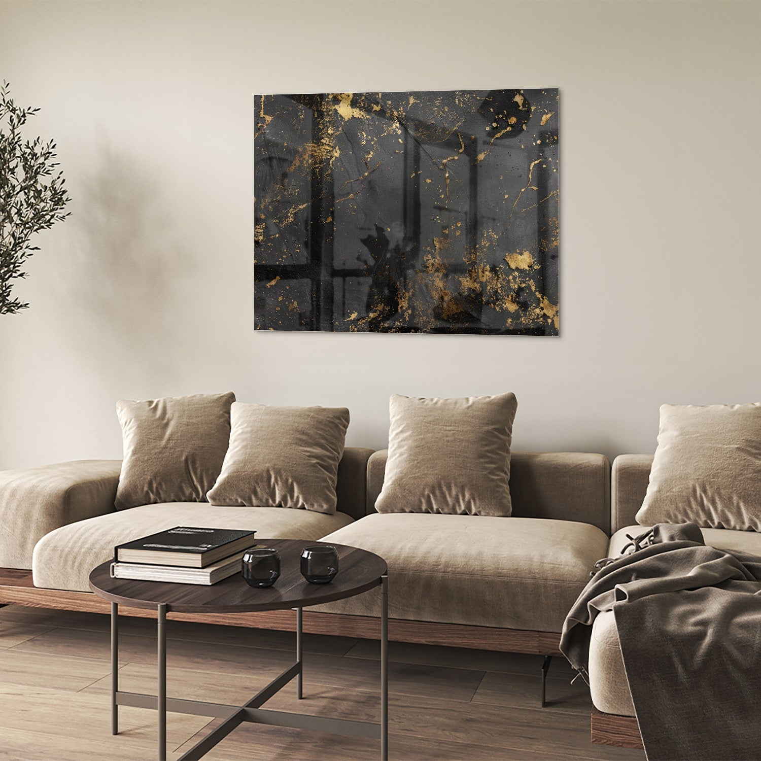 Gold-schwarzes Glasbild mit abstrakten Spritzern
