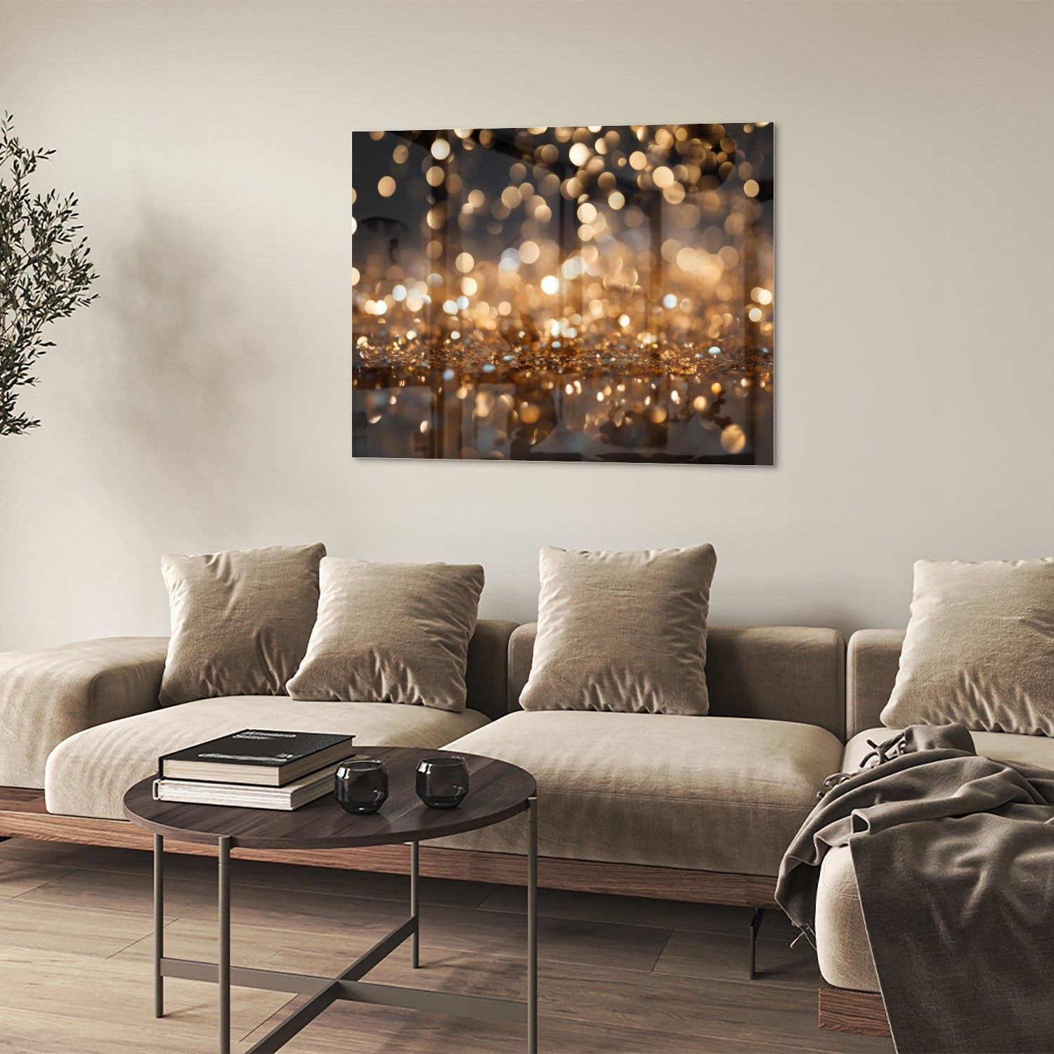 Glasbild mit goldenem Bokeh in moderner Szenerie