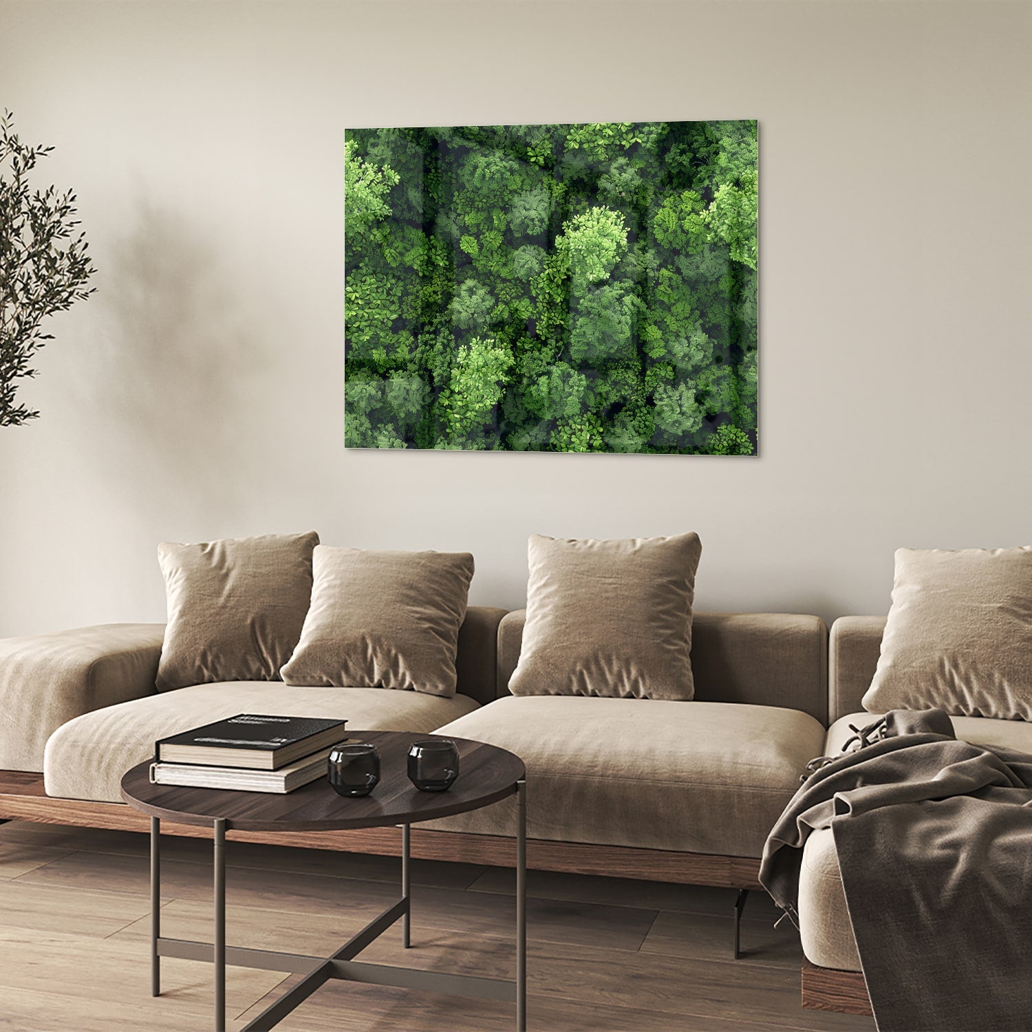 Glasbild mit Himmelsmotiv und üppigem grünen Wald