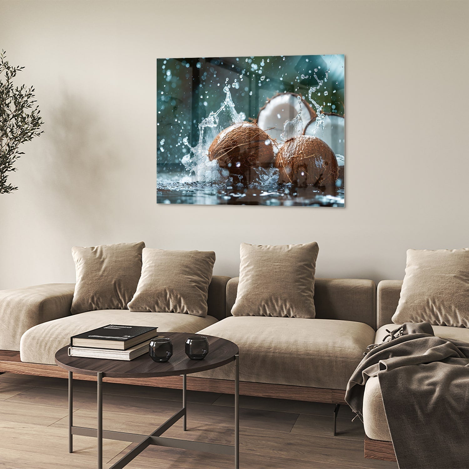 Glasbild Kokosnuss-Trio mit Wasserstrahlen