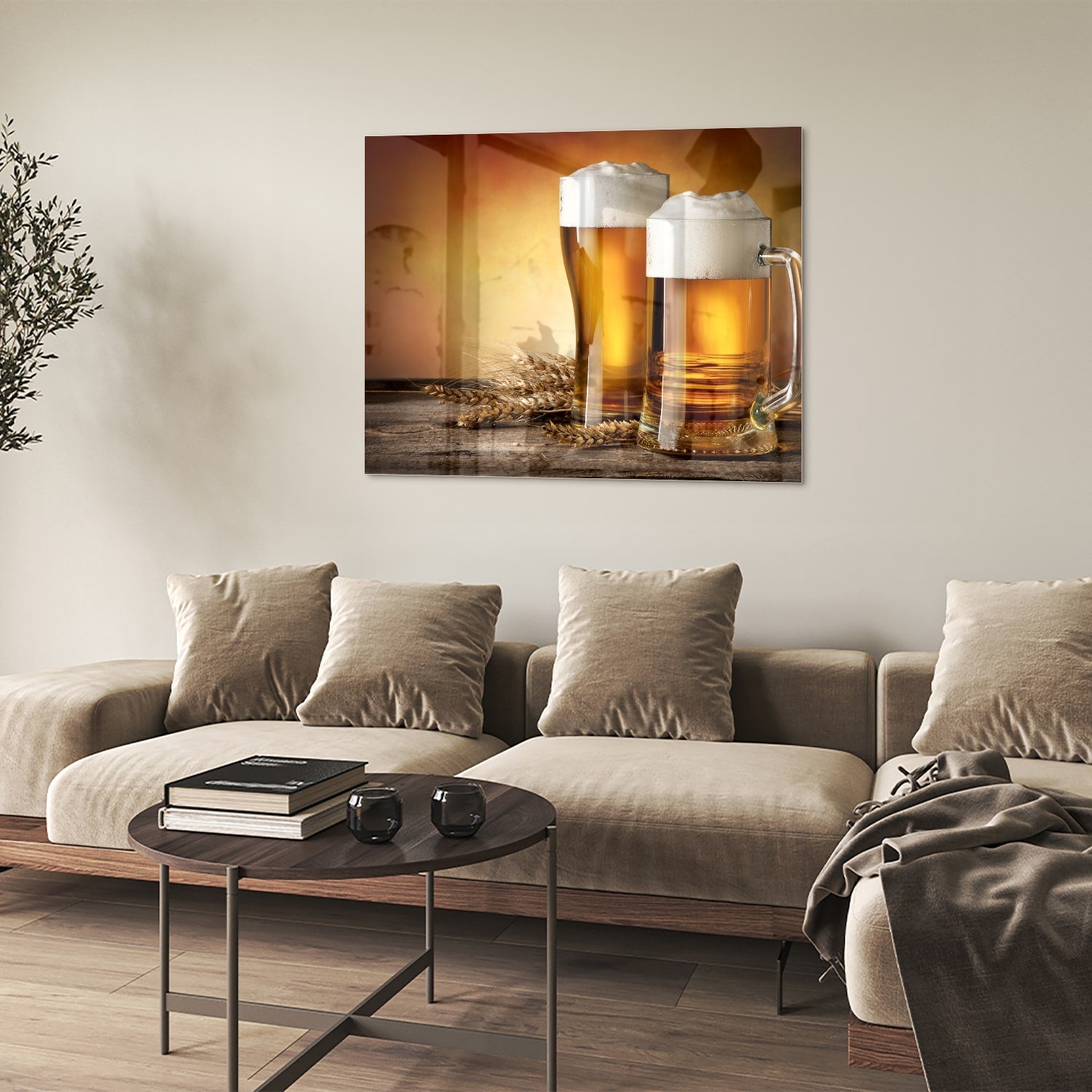 Stilvolles Glasbild mit Bier und Gerste