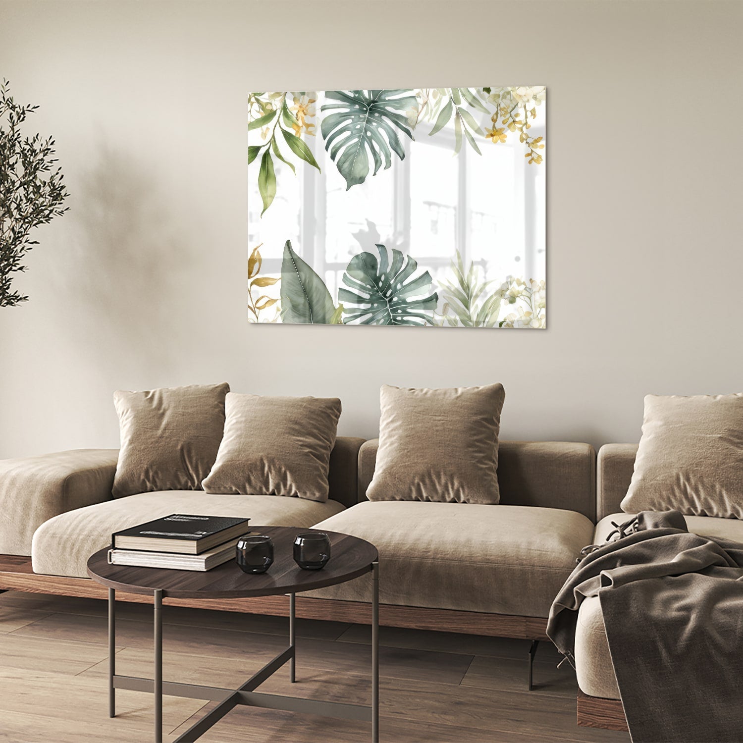 Glasbild mit tropischen Blättern und botanischer Flora