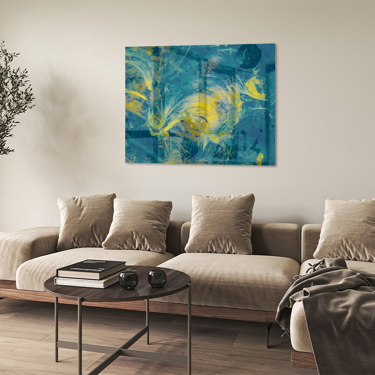 Farbenfrohes Glasbild mit abstraktem blau-gelbem Muster