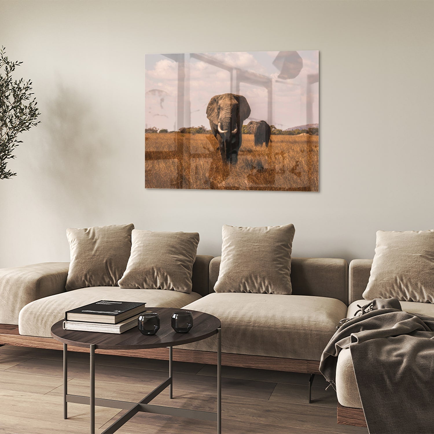 Wunderschönes Glasbild mit Elefanten in der Natur