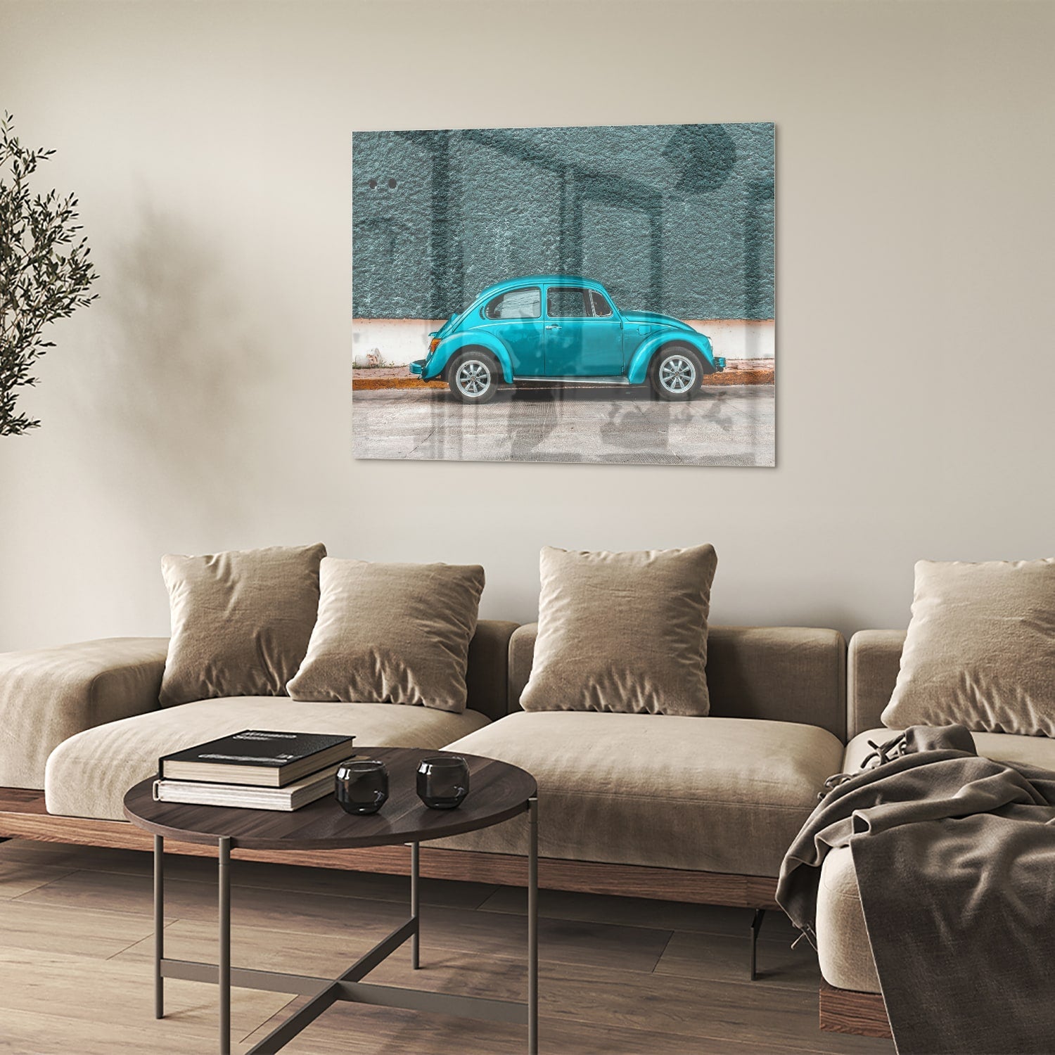 Stilvolles Glasbild mit einem türkisen Auto