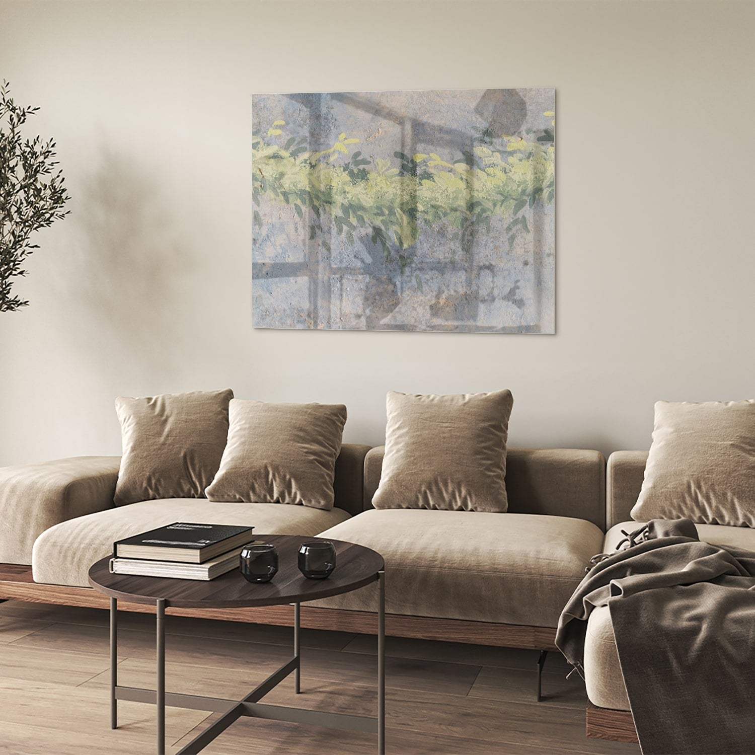 Fröhliches Glasbild mit gelben Blumen