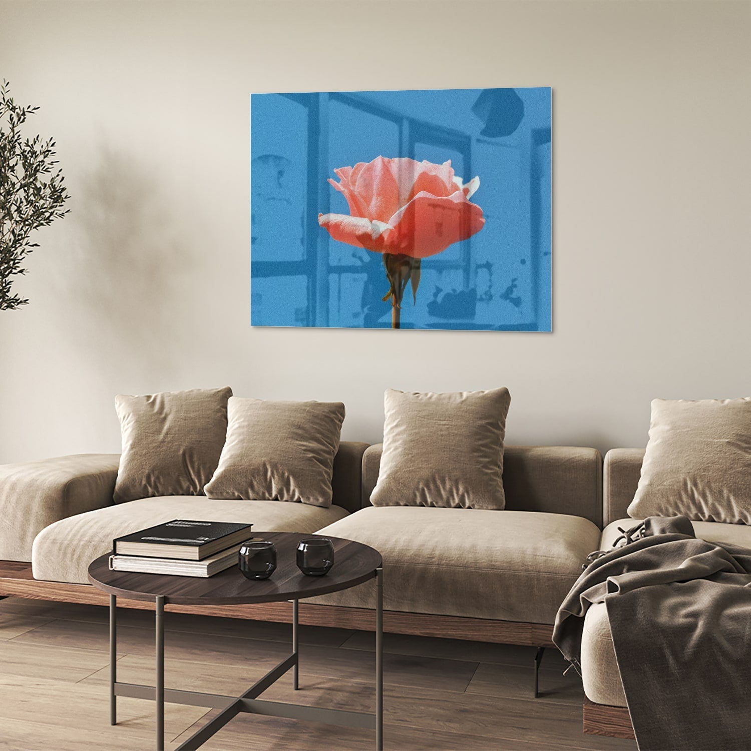 Glasbild rosa Rose auf blauem Hintergrund