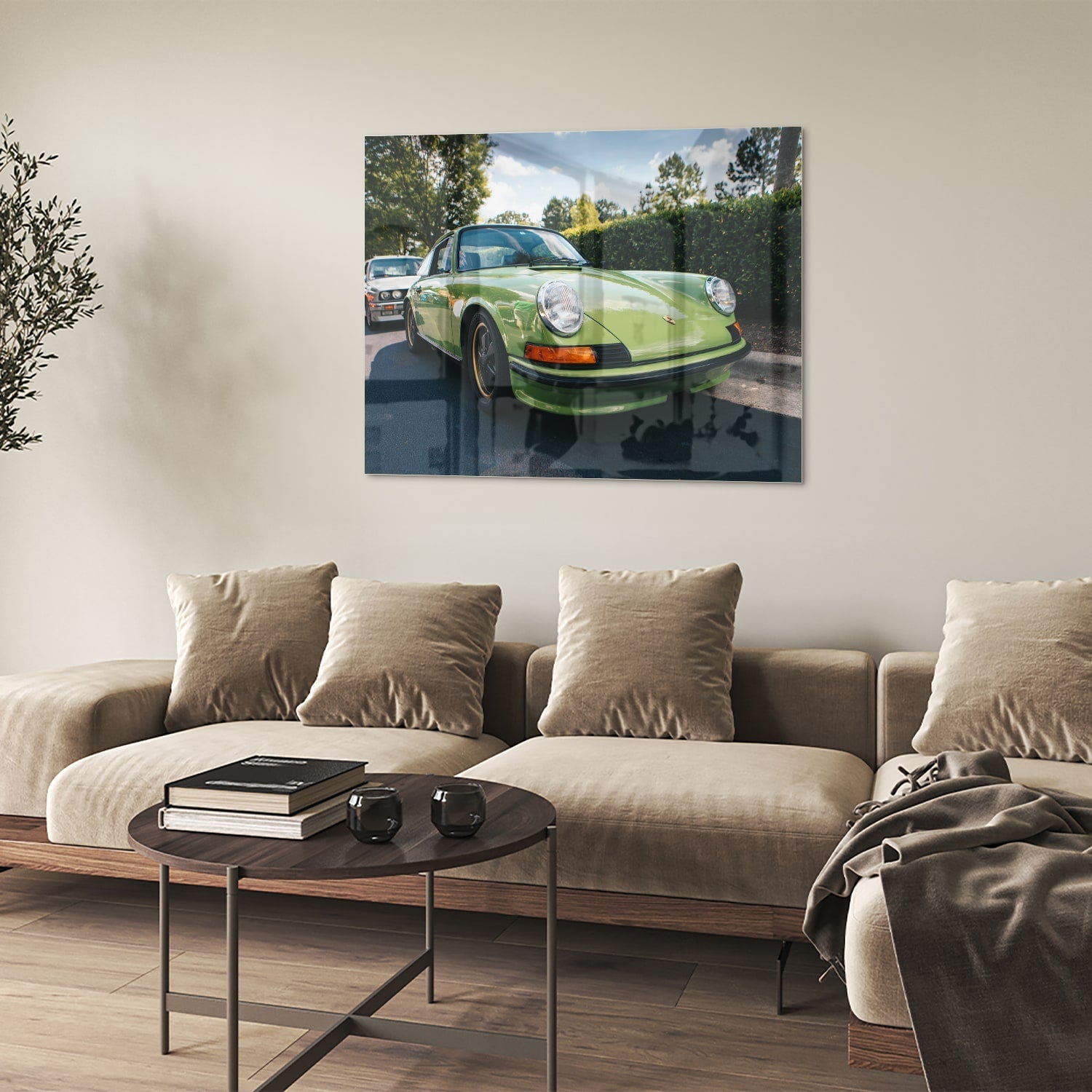 Glasbild mit einzigartigem grünen Porsche für moderne Innenräume