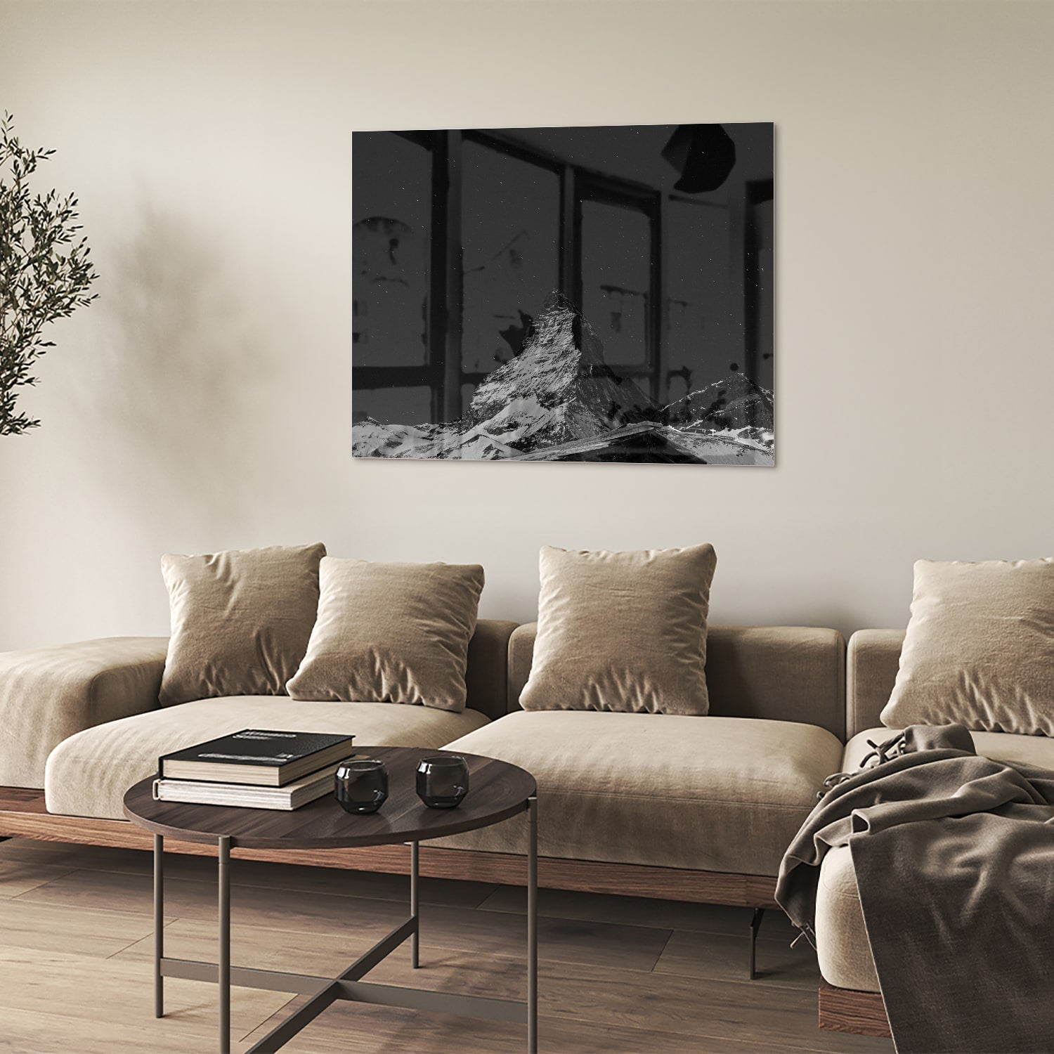 Schwarz-Weiß Glasbild mit Berglandschaft