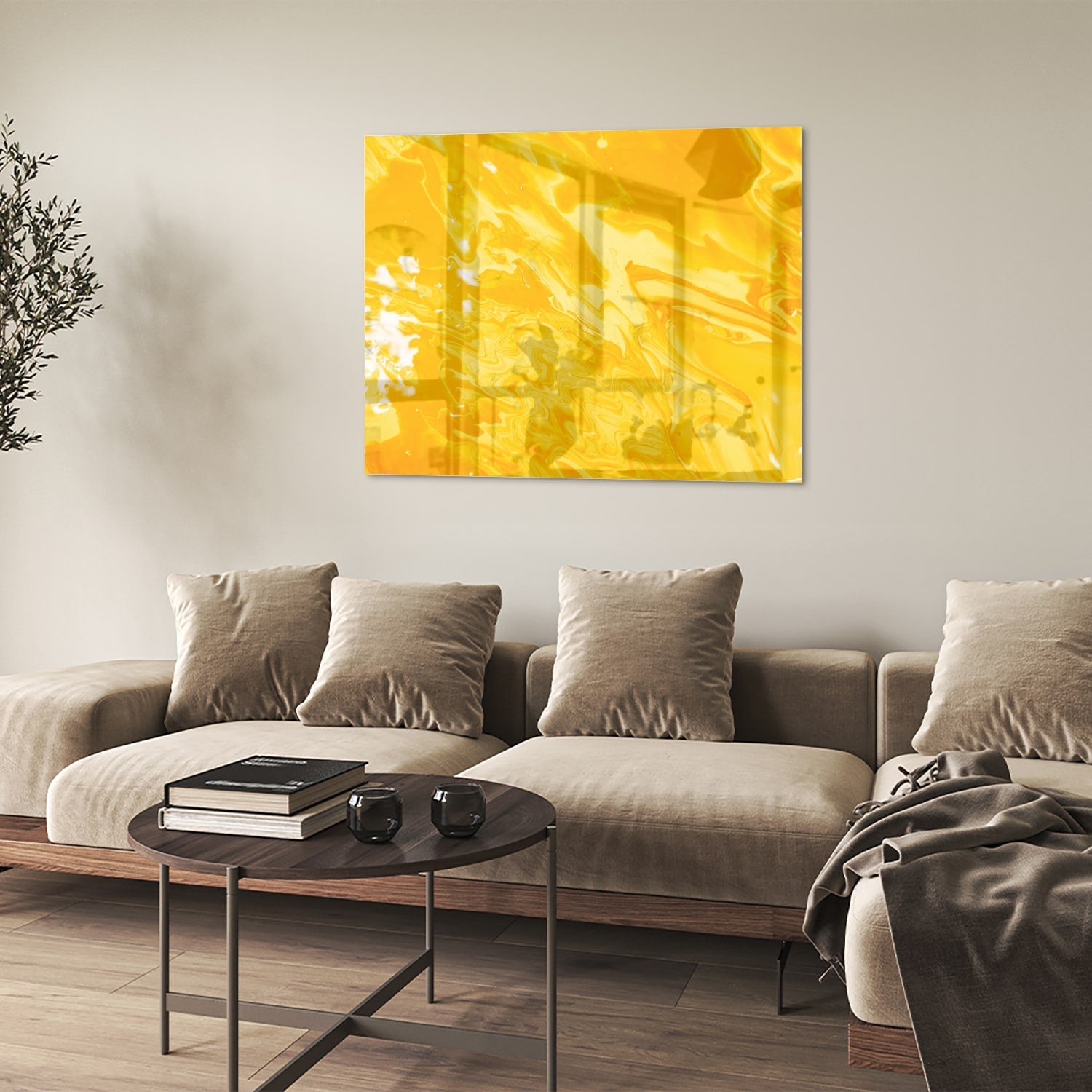 Leuchtend gelbes Glasbild für moderne Innenräume