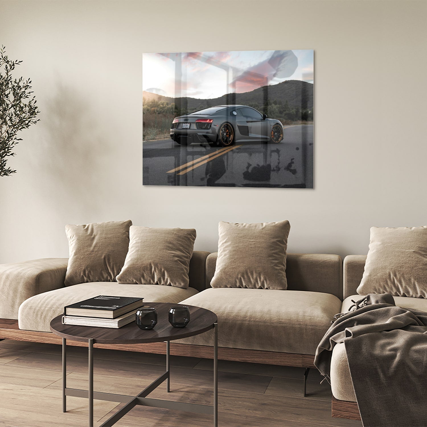Modernes Glasbild mit einem Sportwagen in der Natur
