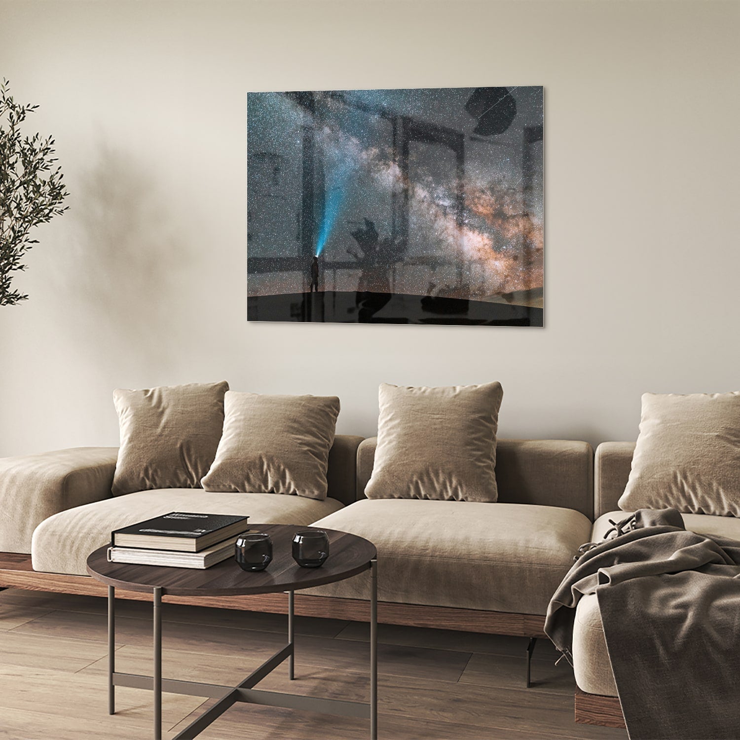 Glasbild Sternenhimmel mit Lichtstrahl