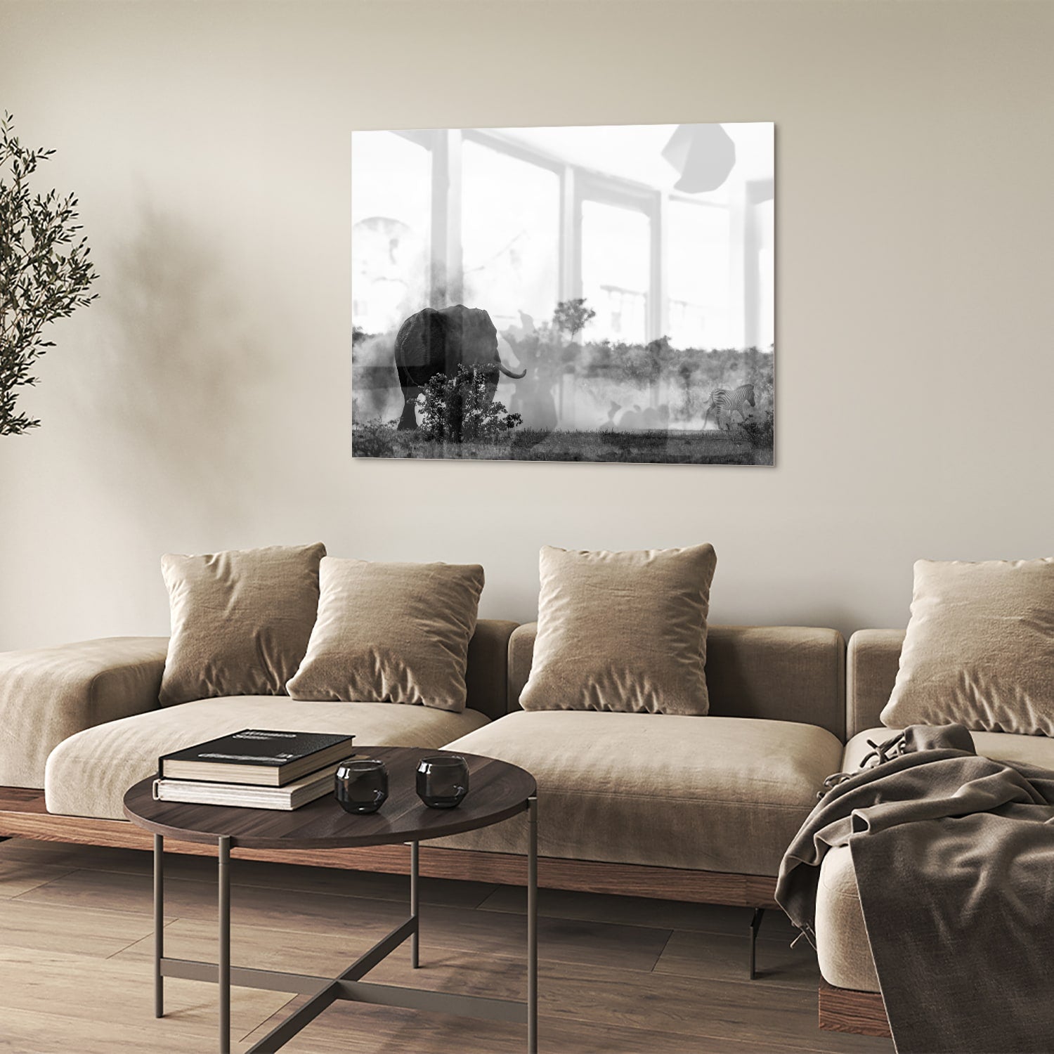 Elegantes Schwarz-Weiß-Glasbild mit einem Elefanten