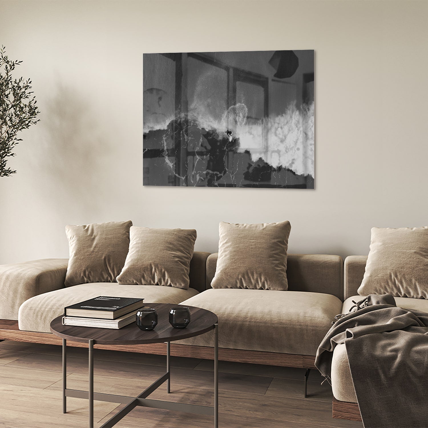 Abstraktes Schwarz-Weiß-Glasbild für ein modernes Interieur